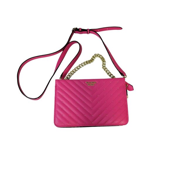 Victorias Secret Quilted Crossbody Pink Leather Chain Strap - Picture 1 of 16